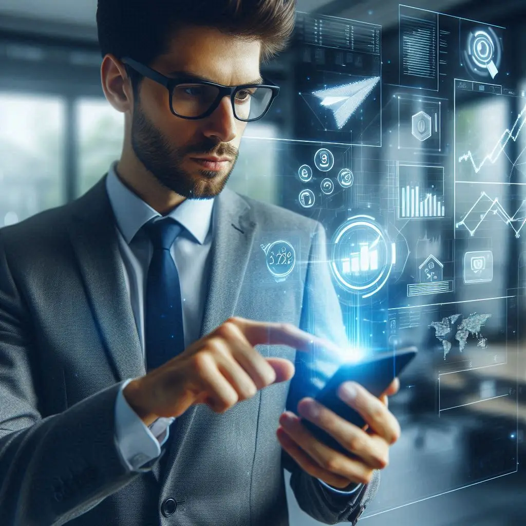 Persona con móvil futurista gestionando el TPV