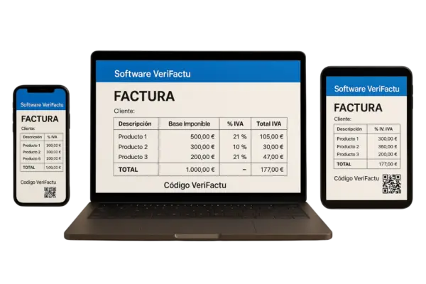 Diferentes dispositivos son capaces de mover el software de Verifactu. Fácil, sencillo, así es Verifactu, disfruta de una prueba gratuita de 1 mes.
