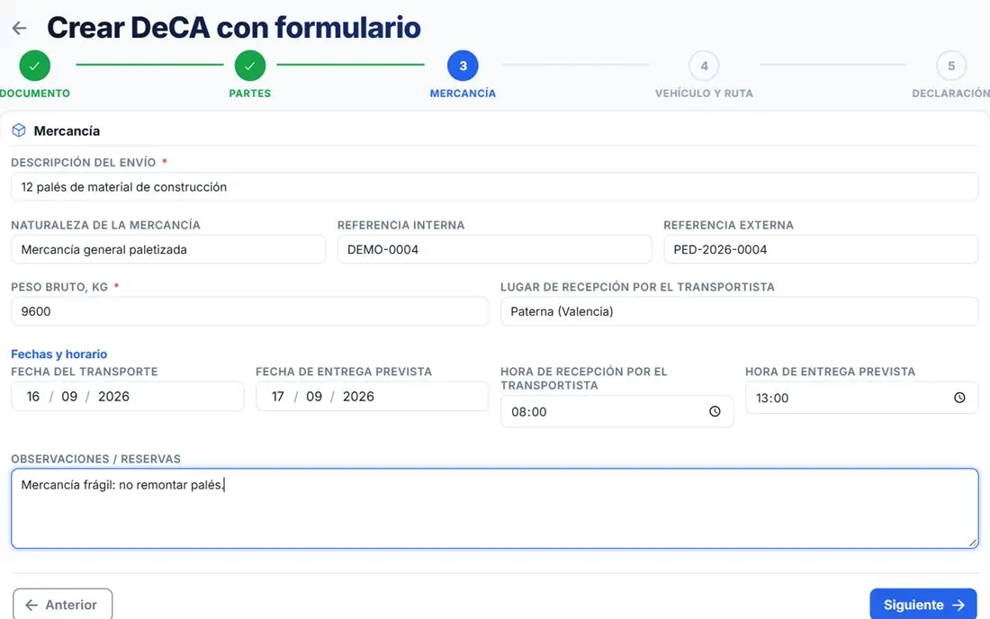 Formulario para crear un DeCA