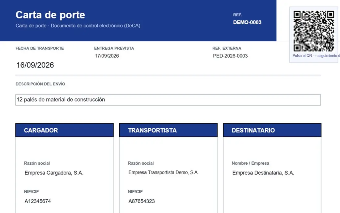 Carta de porte en PDF con código QR